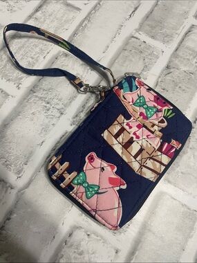 Quilted Navy Wristlet Pouch with Pink Pig Pattern. Preowned.